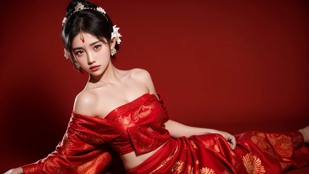 21 yo girl, black hair, (short hair). Bali traditional style, Red Background