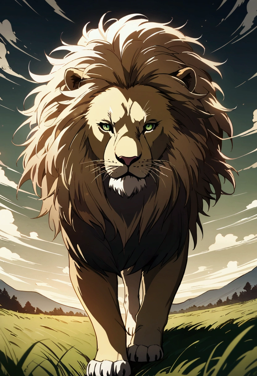 Detailed anime drawing of a lion with an elegant aura, nice mane, And the green eye runs through the meadow by itself