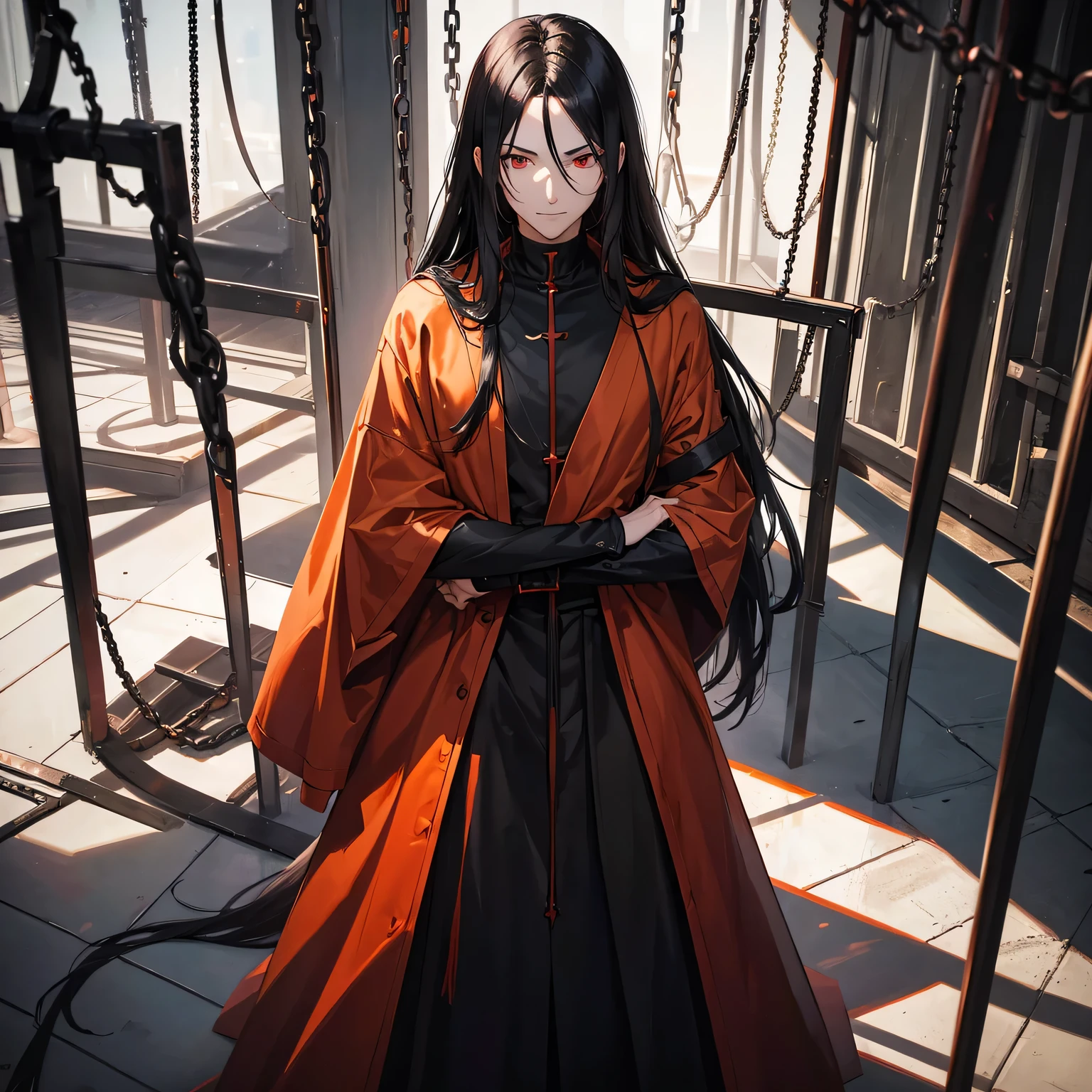 a man,black long straight hair,dark red eyes,Slender and tall,prisoner,Strong build,looking into camera,(Orange prison uniform,Cross your arms,Smile,cell),portrait,dramatic shadows,prisoner,chained, cage