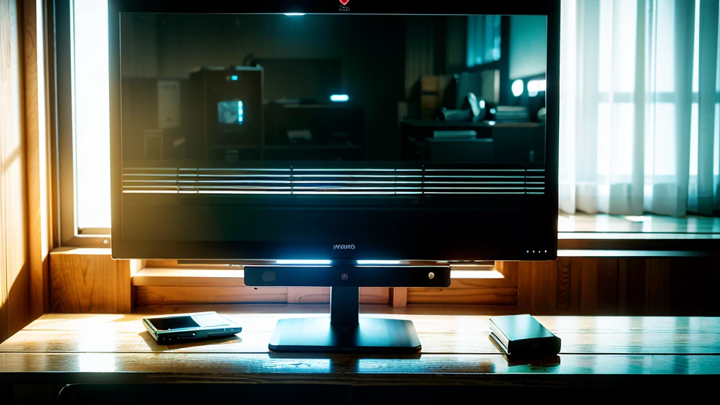 a computer monitor on a wooden desk, high detailed 3rd person view, 16:9 aspect ratio, cinematic lighting, photorealistic, detailed wood texture, detailed glass screen, screen reflection, shallow depth of field, minimal background, clean and tidy composition