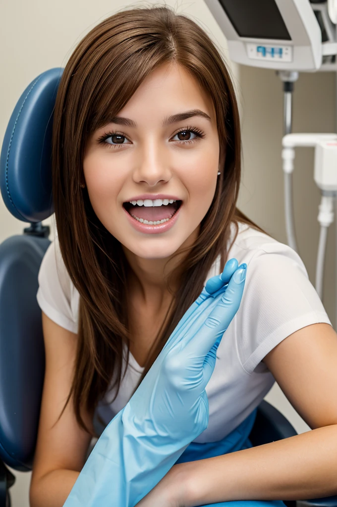 a highly detailed and realistic 4k photograph of a 20 year old woman with mid length brown hair sitting in a dentist chair, getting her teeth cleaned, open mouth, dental tools, dentist examining teeth, clean and sterile medical environment, natural lighting, high quality, photorealistic, intricate details