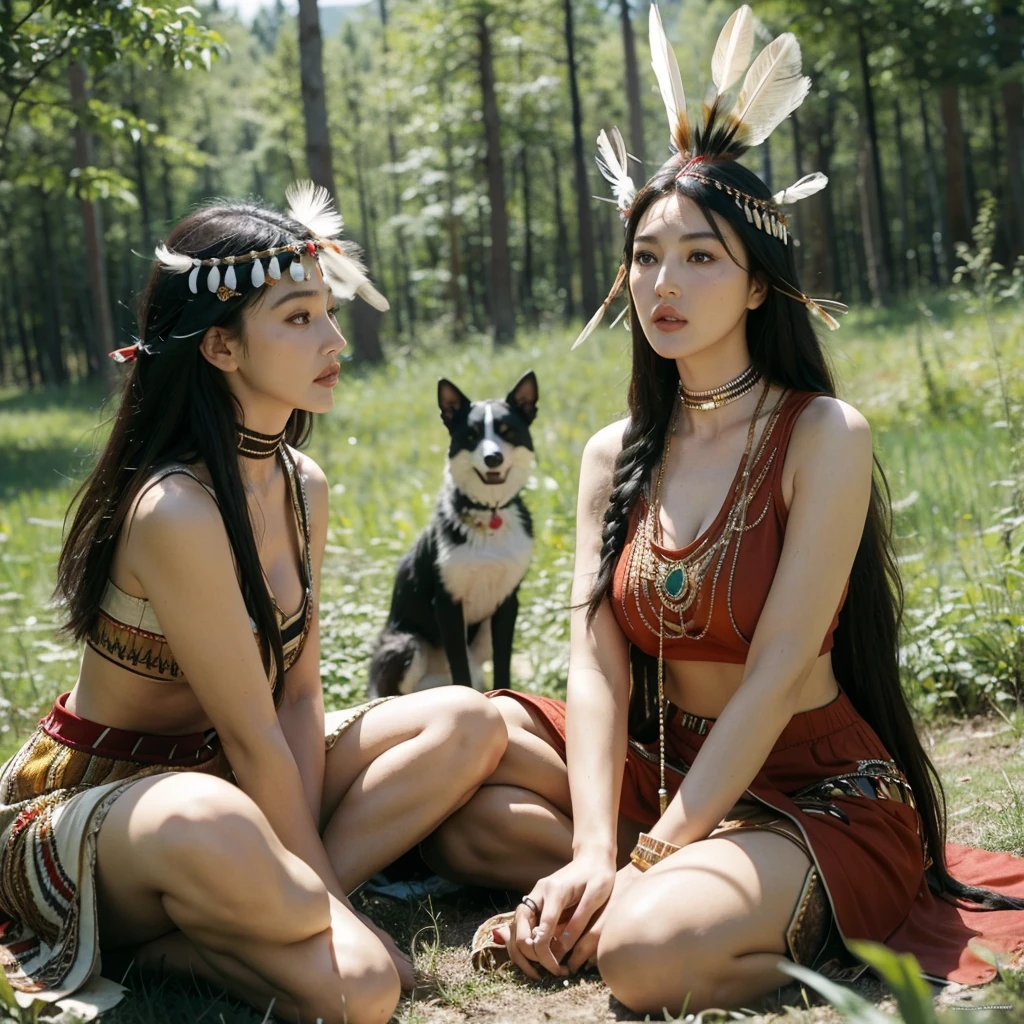 Monica Bellucci beautiful woman wearing a Native American dress sitting in the forest with her dogs, native American, Native American Warriors, Native American Warriors, American Indian headdress, Indian warrior, Head dress, Wearing a Native American choker, Native American Art, Indigenous, feather native American headgear, Central headdress, : Native American Shamen Fantasy, Native Rich Jewelry, Tribal clothing