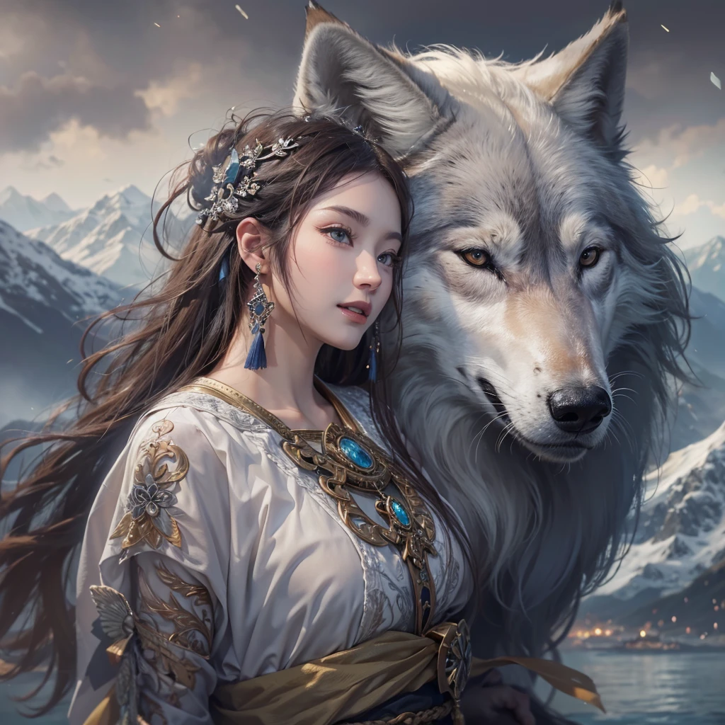 Lakeside surrounded by snowy mountains、Hair Flow、 ((Highest quality、masterpiece、8k、Best image quality、Ultra-high resolution、Award-winning works)、(Accurate anatomy:1.1)、(Look at me and smile:1.1)、Shining fair skin with Ultra-high resolution、The most detailed face、Ultra-high resolution detailed face、Ultra-high resolutionの髪の毛、(Ultra-high resolutionの煌めく瞳:1.1)、Beautiful face drawn in every detail、Ancient Viking clothing, Chest to chest, tattoo, A real wolf is by your side