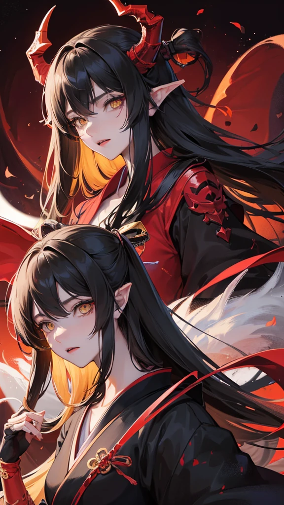 (Top resolution、Distinct_image)top-quality、A Japanese dragon girl 、​masterpiece、highly detailed, half body, Semi-realistic、yellow eyes 、18year old, black hair,young 、Exquisite facial features、Facial features ,variation potrait, long  hairstyles, teenage, cool , cold sharp eyes, An expression of despair., lifeless eyes, blood on face, , {Very detailed 8k CG unit wallpaper}, Handsome, solo, female, vampires, dark cloak , loyalty ,Japanese kimono, have dragon horns, 
Sword, detailed eyes, beautiful eyes