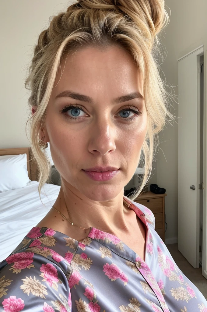 beautiful woman of 45 years old with blue eyes, blond with brown roots, hair in bun with tendrils, looking directly at the camera, very realistic, instagram selfie, closeup face, at home, silk floral pyjamas, clothes tight against body, clothes too tight, film grain, fit muscular body, big breasts, focus on face, clothes too tight, seductive