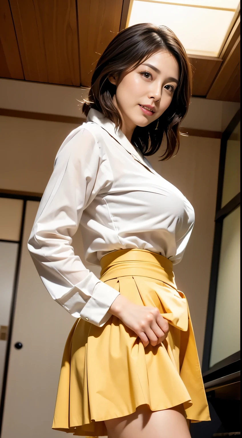 (8k, Highest quality, masterpiece:1.2), (Realistic, photo-Realistic:1.37), (High color saturation:1.0), (Very detailed肌), (Highest quality:1.0), (Ultra-high resolution:1.0) ,(Realistic:1.0), (Very detailed:1.0), (8k, RAW Photos:1.1)、Standing Random Pose, smile, Natural Breasts, Perfect lighting, 36 years old, (mysterious), Clear and detailed, ((Japanese_office_uniform, flare skirt, sexy_blouse)), (indoor office, escalator), Surprised face, ((See the viewer behind)), ((Low angle photo)), panties,