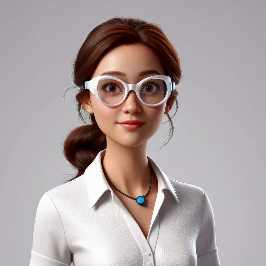 3D cartoon style art, Disney Pixar Style Eyewear Store Background, Glasses on all sides, Flying Goggles, white clear background, Woman in glasses and white dress shirt, drawing like Disney Pixar, 3D Rendering Design