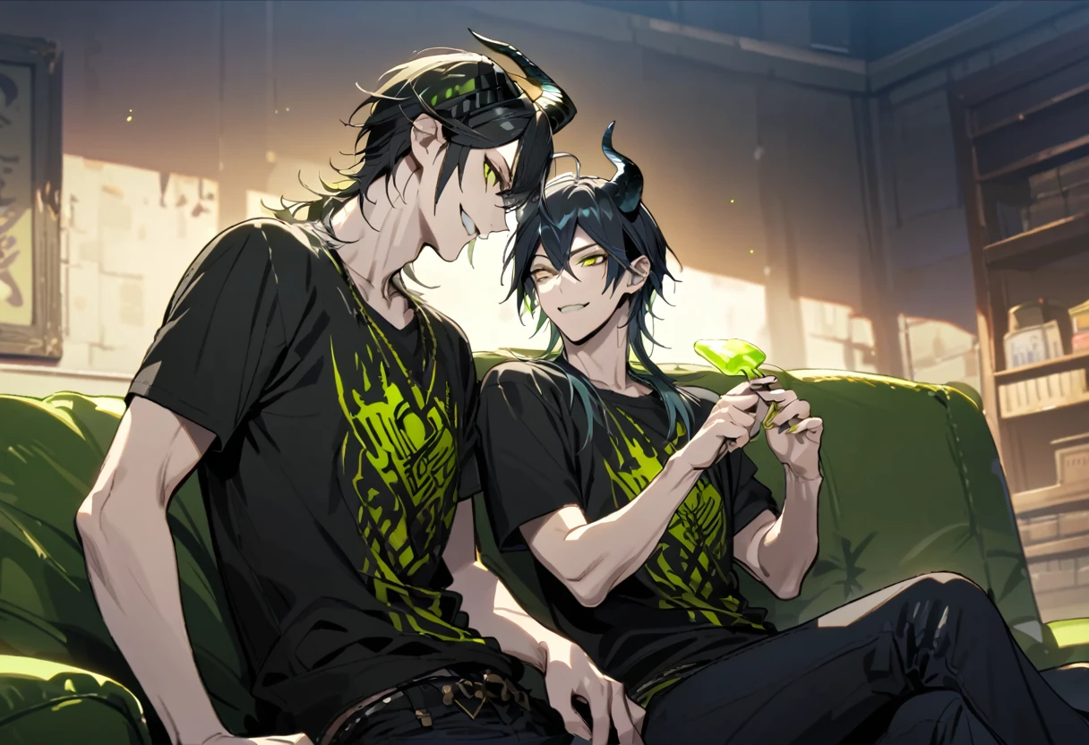 masterpiece, best quality, extremely detailed, anime , upper body, ((2boys)), BL, male focus, ikemen:1.5, looking at each other, holding ice candy, T-shirt, short sleeves, room, sitting on sofa,full body, malleus draconia (twisted wonderland) horns, bishounen, boy, male, yana Toboso style, long hair, black hair, yellow green eyes, smile, gray lips, handsome, skinny, tall, yellow green glow,AddXL