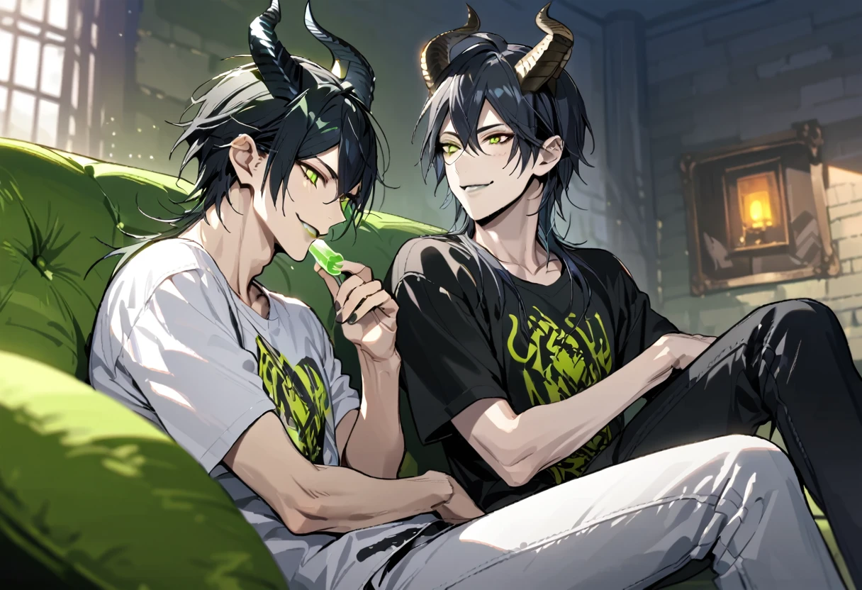 masterpiece, best quality, extremely detailed, anime , upper body, ((2boys)), BL, male focus, ikemen:1.5, looking at each other, holding ice candy, T-shirt, short sleeves, room, sitting on sofa,full body, malleus draconia (twisted wonderland) horns, bishounen, boy, male, yana Toboso style, long hair, black hair, yellow green eyes, smile, gray lips, handsome, skinny, tall, yellow green glow,AddXL