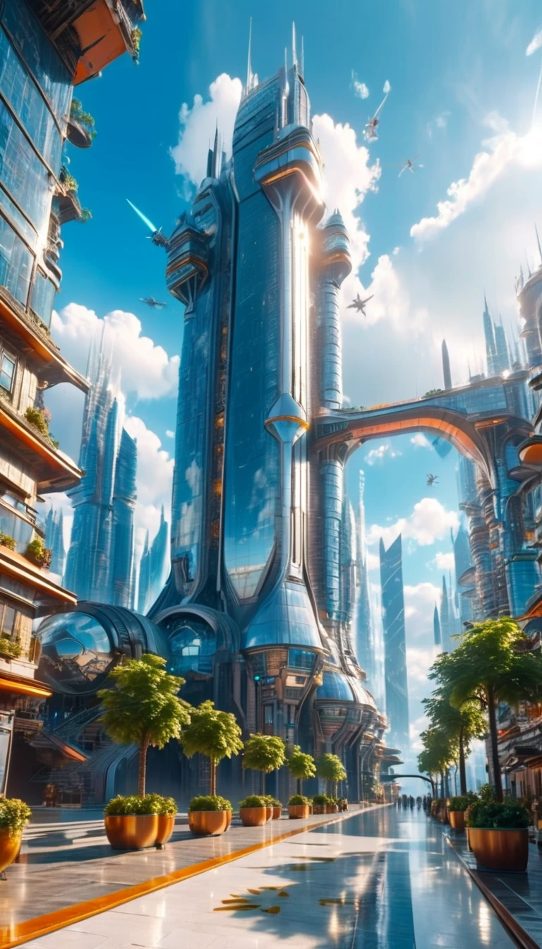 (high quality，Masterpiece，Extremely detailed，3d，8k:1.2) ，There is a fantasy city full of futuristic sense，Several high-tech design buildings，Sunny sidewalk，Aircraft，Surreal，A high-tech building towering in the clouds