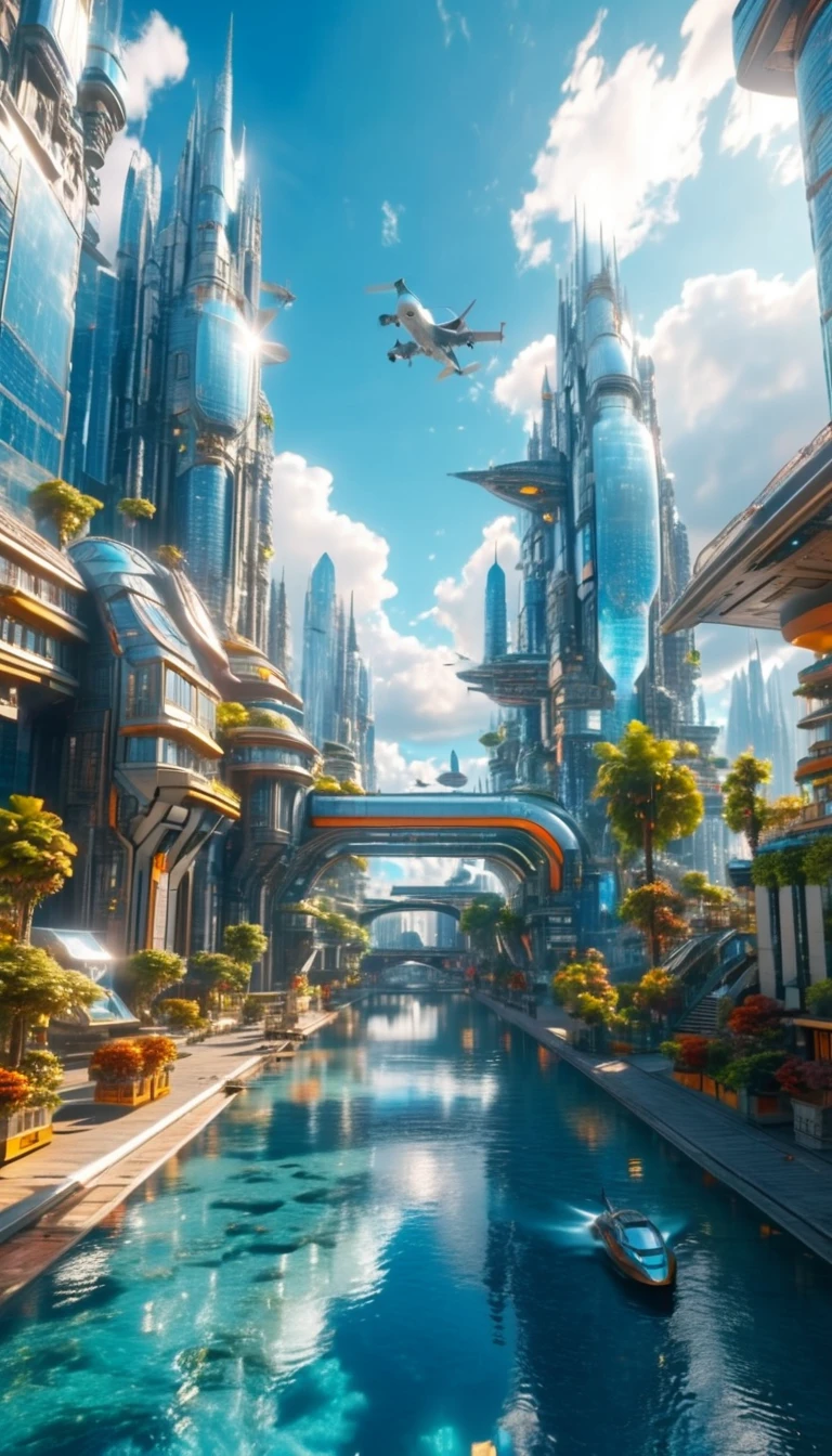(high quality,Masterpiece,Extremely detailed,3d,8k:1.2) ,There is a fantasy city full of futuristic sense,Several high-tech design buildings,Sunny sidewalk,Aircraft,Surreal,A high-tech building towering in the clouds