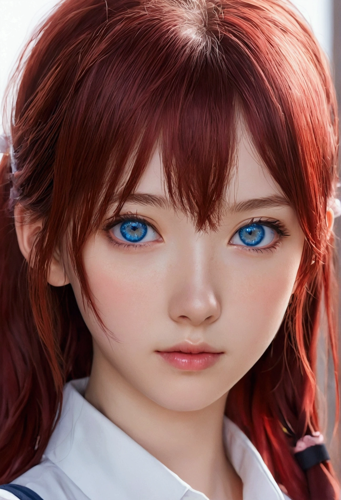 Anime girl with red hair and blue eyes looking at the camera., an anime drawing inspired by Jin Homura, trend on pixiv, self destructive art, closeup of another iwakura, closeup of another iwakura, closeup of a young anime girl, perfect anime face, Today&#39;s featured anime still., in an anime, visual anime of a cute girl