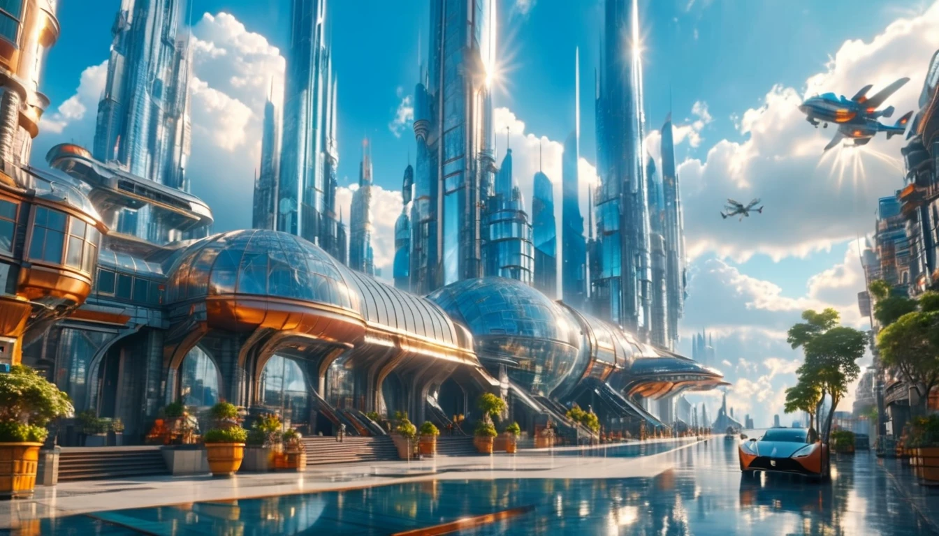 (high quality，Masterpiece，Extremely detailed，3d，8k:1.2) ，There is a fantasy city full of futuristic sense，Several high-tech design buildings，Sunny sidewalk，Aircraft，Surreal，A high-tech building towering in the clouds