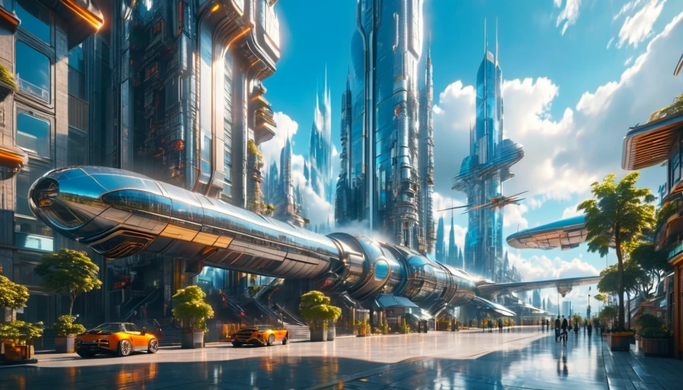 (high quality,Masterpiece,Extremely detailed,3d,8k:1.2) ,There is a fantasy city full of futuristic sense,Several high-tech design buildings,Sunny sidewalk,Aircraft,Surreal,A high-tech building towering in the clouds