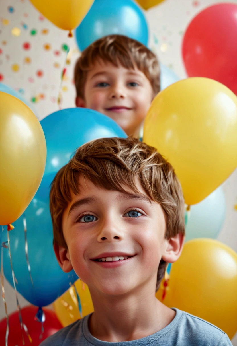 boy, wonderful, lots of balloons, happy, happy, perfect quality, clear focus (chaos - home: 0.8), (masterpiece: 1.2) (realistic: 1.2) (bokeh) (best quality) (detailed skin: 1.3) (intricate details) (8k) (Detail Eyes) (sharp focus), (happy) whole body, two children, clean background, Long view configuration, 85MM shot