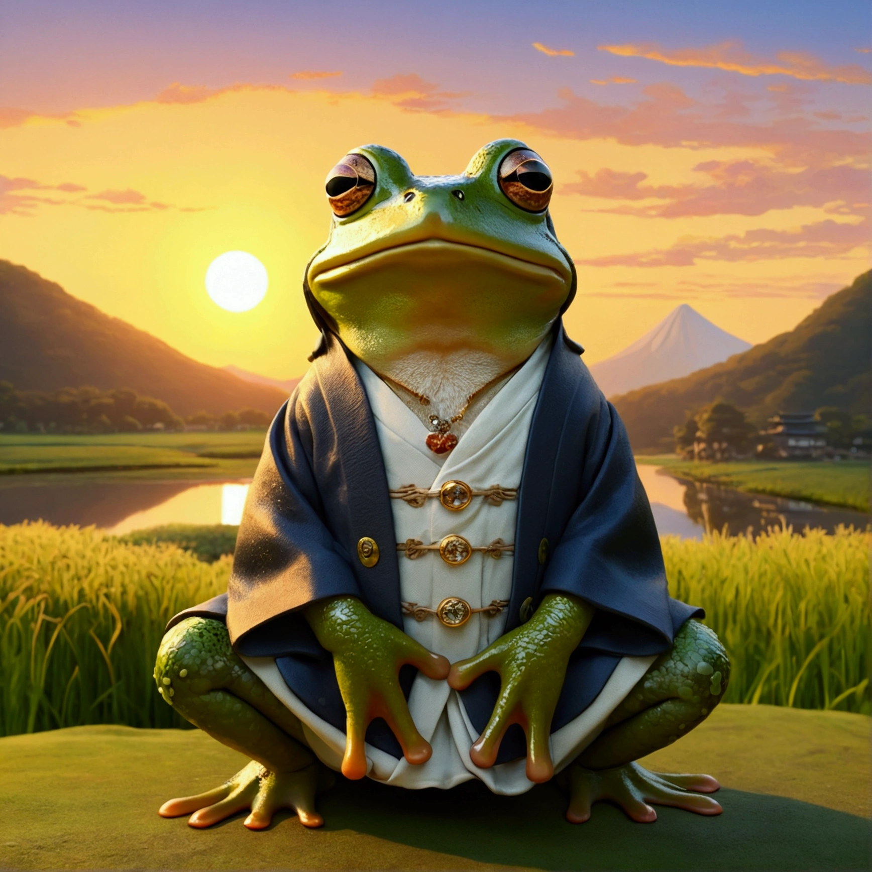 Studio Ghibli style. Frog wearing clothes from feudal Japan. ao por do sol