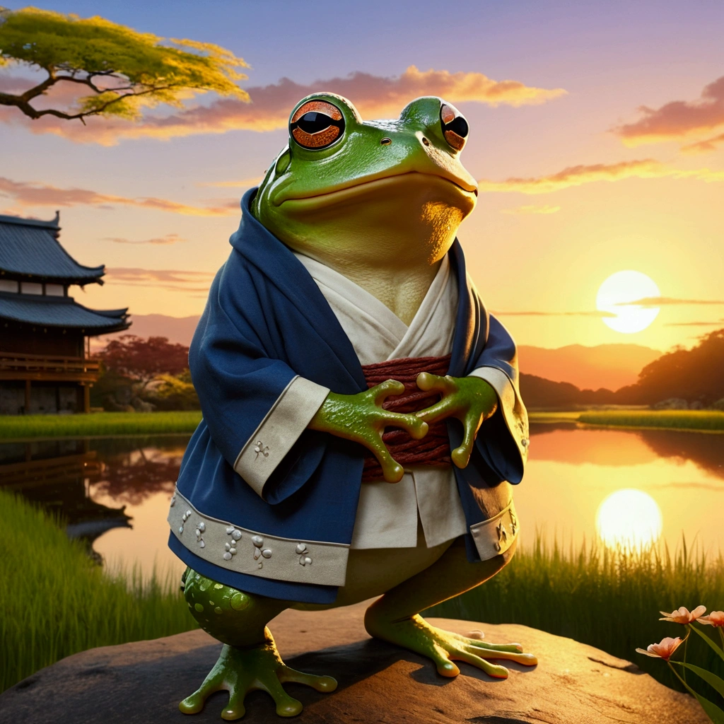 Studio Ghibli style. Frog wearing clothes from feudal Japan. ao por do sol