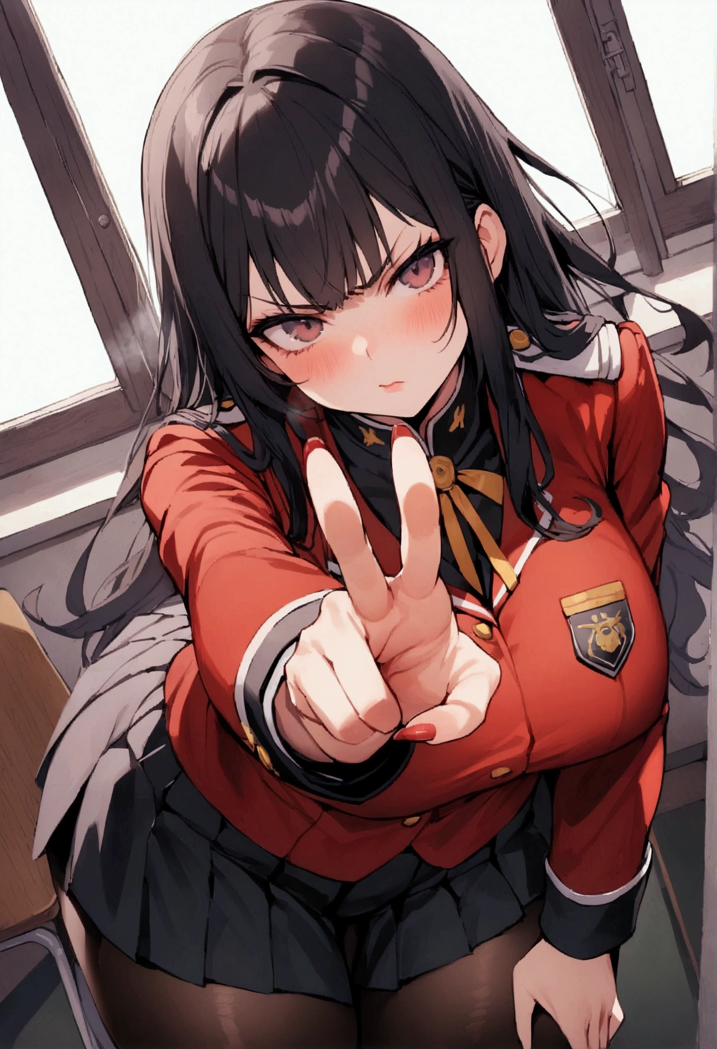 One Woman、beautiful girl, Highest quality, Thick thighs、Big 、Big Ass、Black Hair、long hair、Bangs、Red blazer uniform、Angle from directly below、Intimidating attitude、Angry、classroom、Window glass is broken、Many students behind、Pointing finger at the viewer、bellow、Pleated skirt、Black Pantyhose、Black panties