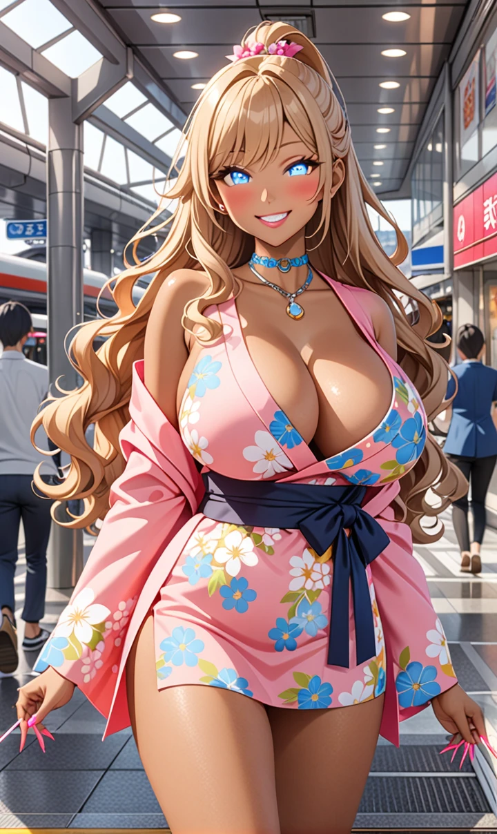 ultra-detailed, ((one girl)), (tan skin:1.4), in pastel colors gyaru, (heavy makeup), (professional lighting) hyper detailed, absurdres, 8k, Beautiful Face, (Laugh shyly), ((teasing smile:1.6)), ((happy smile:1.5)),  ((Wink:1.6)), (Laugh with your mouth wide open),((Tilt your face:1.6)), View your viewers, ((Bright red cheeks:1.6)),Glossy shocking pink lips, ((huge breasts:1.6)),  ((undressing)), noon, summer, In front of Moriguchi Station on the Keihan Line, Anime style background)),masterpiece, Highest quality, (Brighten your face), so beautiful,Latest, Complex details, ((fluorescent pink long nail:1.3)), (ring),(bracelet), (Floral Choker),AI-generated, Complex,High resolution, Highest quality, super high quality,3D Images、3D Images,One person, ((honey blond long hair), (High Ponytail), (wavy hair:1.4), Anime woman posing for a photo, ((Fine grain、blue eyes、glowing eyes:1.4)), (Squint your eyes:1.1),a hyperRealistic , hyperRealistic , Realistic,Anime woman with long honey blonde hair, Smooth anime CG art, A girl in a gorgeous pastel-colored kimono, ((Pastel-colored furisode)),(Pink large floral pattern),  (sideboob), Long flower hair ornament,large gold hoop earrings, Mature Body, tall,Narrow waist, front view, (upper body),  ((Waving to viewers:1.5)),