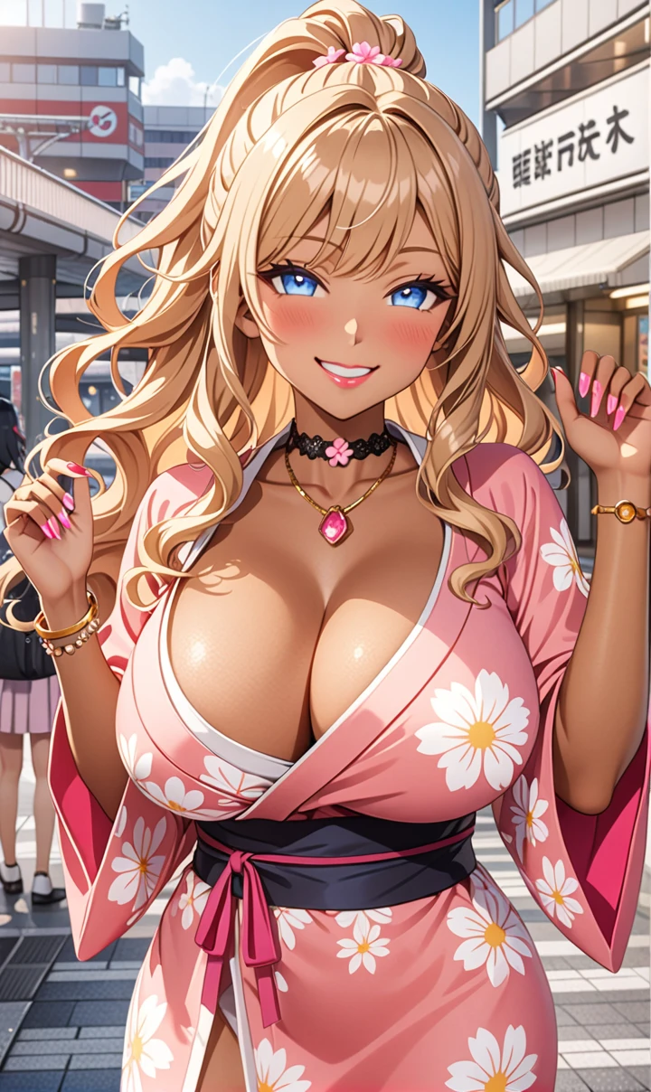 ultra-detailed, ((one girl)), (tan skin:1.4), in pastel colors gyaru, (heavy makeup), (professional lighting) hyper detailed, absurdres, 8k, Beautiful Face, (Laugh shyly), ((teasing smile:1.6)), ((happy smile:1.5)),  ((Wink:1.6)), (Laugh with your mouth wide open),((Tilt your face:1.6)), View your viewers, ((Bright red cheeks:1.6)),Glossy shocking pink lips, ((huge breasts:1.6)),  ((undressing)), noon, summer, In front of Moriguchi Station on the Keihan Line, Anime style background)),masterpiece, Highest quality, (Brighten your face), so beautiful,Latest, Complex details, ((fluorescent pink long nail:1.3)), (ring),(bracelet), (Floral Choker),AI-generated, Complex,High resolution, Highest quality, super high quality,3D Images、3D Images,One person, ((honey blond long hair), (High Ponytail), (wavy hair:1.4), Anime woman posing for a photo, ((Fine grain、blue eyes、glowing eyes:1.4)), (Squint your eyes:1.1),a hyperRealistic , hyperRealistic , Realistic,Anime woman with long honey blonde hair, Smooth anime CG art, A girl in a gorgeous pastel-colored kimono, ((Pastel-colored furisode)),(Pink large floral pattern),  (sideboob), Long flower hair ornament,large gold hoop earrings, Mature Body, tall,Narrow waist, front view, (upper body),  ((Waving to viewers:1.5)),