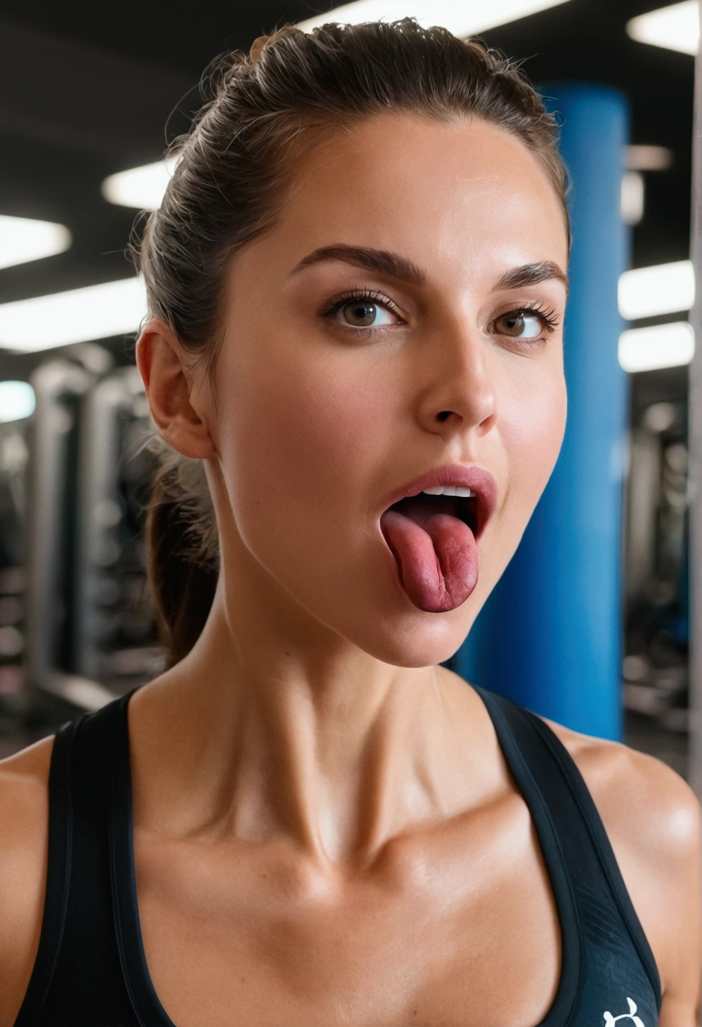 Horty femme, en tenu de gym, sexy, regardant la caméra, bouche ouverte, langue sortie, sperm sur le visage