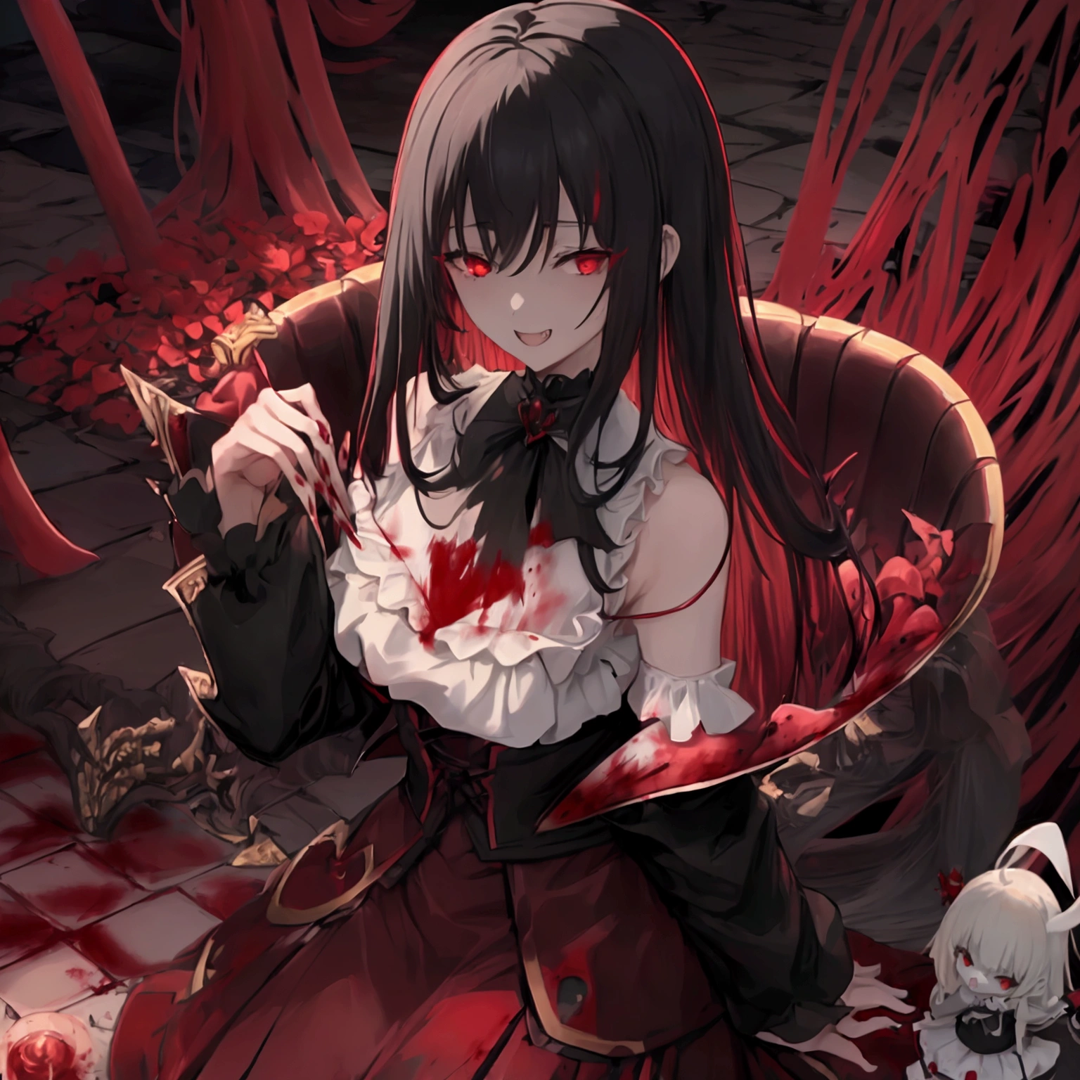 (Highest quality,4K,High resolution,masterpiece:1.2),Very detailed,Realistic:1.37,masterpiece, Highest quality, Exquisitely crafted, woman, beautiful, elegant, smile, Blood, iridescent Long Hair, bangs, skirt, shirt, Long sleeve, Frills, shoes, (Red and Black:1.4), flower, Spooky, Horror, 頭蓋Bones, Long Hair, Black Hair, Candles, Blood, hair flower, The dead, hair ornaments, Bone, doll, 頭蓋Bone, skeleton, Horror (theme),Spooky altar background,Dark fantasy,Red color scheme,Ominous atmosphere,Eye-catching,Storytelling,anatomy,Anime Style,Concept Art,beautiful細部までこだわった顔と (((Red eyes ))),Terrifying Ritual ,Satanic Ritual,Untimely Death,Unjust act,クレイジーなsmile,Scythe Face,Girl Monster, beautiful, Delicate facial features, Sharp Eye, Sharp Fangs, Pale skin, Blonde,robot,Cursed Painting, Dark Background, Cinema Lighting, Dramatic Shadows, Gothic style, Gloomy atmosphere, Dark fantasy, One Girl, , Please open your mouth wide, Open your mouth and baring your teeth,Sharp teeth like a beast, Wide lips, very wide mouth, Vermilion cheeks, ,(Bloodしぶき:1.4),Scary smile, laugh at,Fallen angel design, ねじれたsmile、Bloodまみれの、頭からの出Blood,、Bloodしぶき、,(Bloodしぶき:1.4),Crossbones, 頭蓋Bone,Horrorスタイル, ((Fantasy Fallen Angel Costume)), ((流れるようなBlack Hair)), ,(Bloodしぶき:1.4),womanの曲線, Sexy flat stomach, Perfect hands, Perfect anime face, ((White ta Dress)), Are standing, ((邪悪なsmile)), ,(Bloodしぶき:1.4), Steam circulates, Moonlight Illumination, night lighting, disaster々new devil horns,,(Bloodしぶき:1.6),アニメFallen angel design, ねじれたsmile、Bloodまみれの、頭からの出Blood,、Bloodしぶき、,(Bloodしぶき:1.4),Crossbones, 頭蓋Bone,Gothic architecture、Western architecture、Fantasy World、,Victorian cities, 骸Boneのガス灯,
