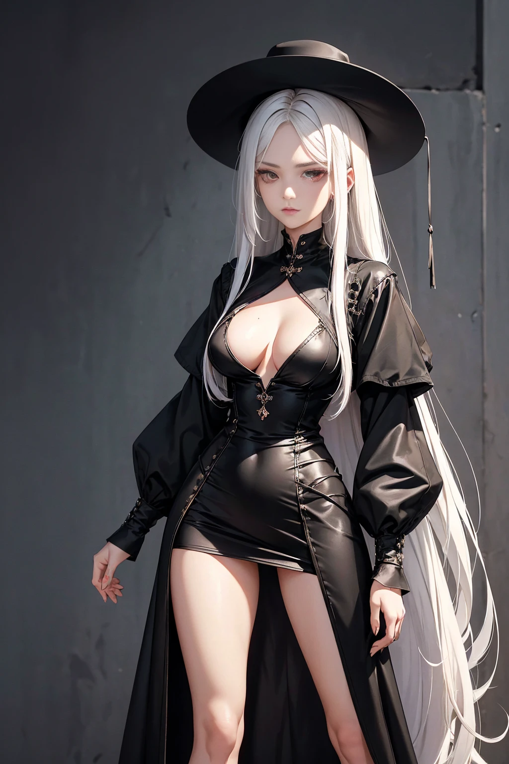 Girl, 20 years old, with long white hair down to below her waist, a serious yet tender expression, and red eyes. Her hair features black streaks. She wears antique-style clothing, a long black dress with a slit on the legs, and high black boots that almost reach her knees. Her power and background are related to shadows and darkness.