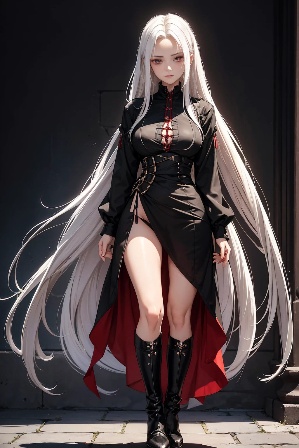 Girl, 20 years old, with long white hair down to below her waist, a serious yet tender expression, and red eyes. Her hair features black streaks. She wears antique-style clothing, a long black dress with a slit on the legs, and high black boots that almost reach her knees. Her power and background are related to shadows and darkness.