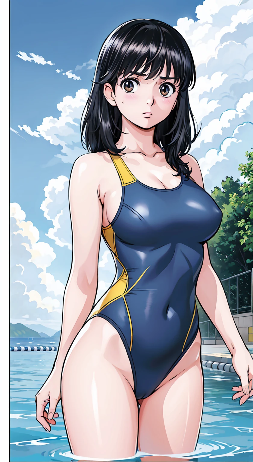 Black Hair、(Semi-long hair、Black Hair)、Navy blue competitive swimwear、(Highest quality:1.3)、One girl、(((Semi-long hair、Black Hair)))、Cowboy Shot、At the school pool、Naked butt、Big Ass、Sweat、masterpiece, Highest quality, High resolution, 超High resolution, RTTX 10.0, Pixel perfect, Written boundary depth, 4K, Very detailed、Embarrassed expression、Browsing Caution、Open navy blue swimsuit、