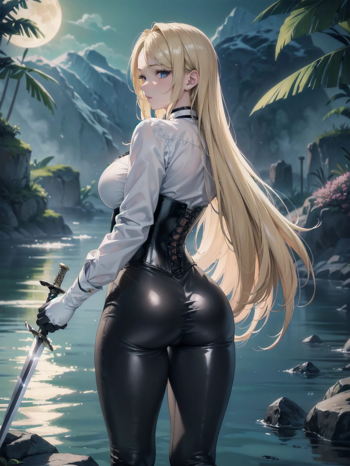 Masterpiece, Superior image quality, high resolution, 4k image,photo and gross, photorealistic, whole body, distant view, ung blonde of 15 years, {{{vagina}}}, view from behind, perfect ass, big breasts, beautiful face, Long blonde hair, blue eyes, very detailed eyes, pink cheeks, shy expression, choker:1.6, (white long sleeve button down shirt with white collar), black gloves, gloves that cover hands, (holding a sword in his right hand), (black leather corset), (shiny black leggings), Sensual Lips, show details in the eyes, stop on the shore of a lagoon, gloomy lagoon, at night, Atmosphere, fog