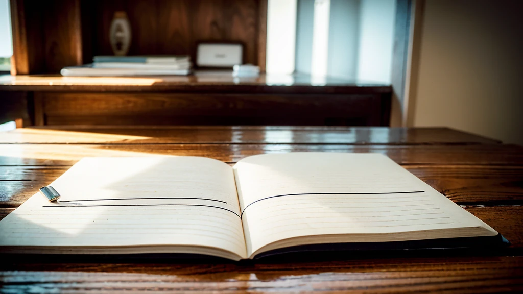 a notebook on a wooden desk, high detailed 3rd person view, 16:9 aspect ratio, cinematic lighting, photorealistic, detailed wood texture, detailed glass screen, screen reflection, shallow depth of field, minimal background, clean and tidy composition
