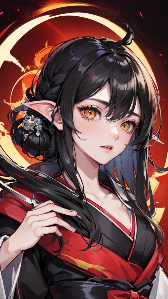 (Top resolution、Distinct_image)top-quality、A Japanese dragon girl 、masterpiece、highly detailed, half body, Semi-realistic、yellow eyes 、18year old, black hair,young 、Exquisite facial features、Facial features ,variation potrait, long hairstyles, teenage, cool , cold sharp eyes, An expression of despair., lifeless eyes, blood on face, , {Very detailed 8k CG unit wallpaper}, Handsome, solo, female, vampires, dark cloak , loyalty ,Japanese kimono, have dragon horns,
Sword, detailed eyes, beautiful eyes