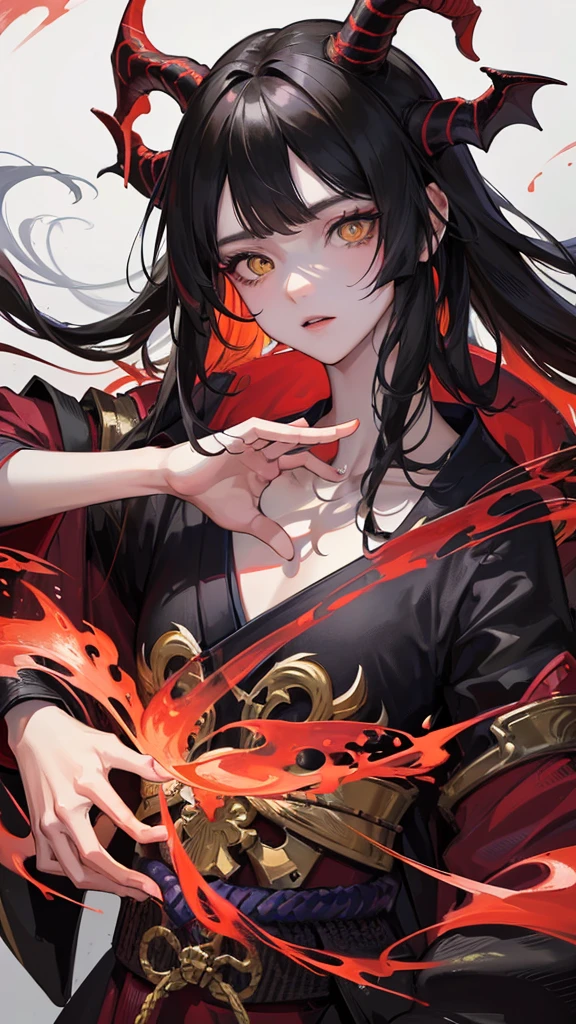 (Top resolution、Distinct_image)top-quality、A Japanese dragon girl 、masterpiece、highly detailed, half body, Semi-realistic、yellow eyes 、18year old, black hair,young 、Exquisite facial features、Facial features ,variation potrait, long hairstyles, age, cool , cold sharp eyes, An expression of despair., lifeless eyes, blood on face, , {Very detailed 8k CG unit wallpaper}, Handsome, solo, female, vampires, dark cloak , loyalty ,Japanese kimono, have dragon horns,
Sword, detailed eyes, beautiful eyes