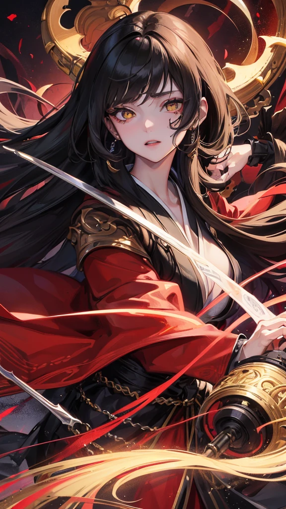 (Top resolution、Distinct_image)top-quality、A Japanese dragon girl 、​masterpiece、highly detailed, half body, Semi-realistic、yellow eyes 、18year old, black hair,young 、Exquisite facial features、Facial features ,variation potrait, long  hairstyles, teenage, cool , cold sharp eyes, An expression of despair., lifeless eyes, blood on face, , {Very detailed 8k CG unit wallpaper}, Handsome, solo, female, vampires, dark cloak , loyalty ,Japanese kimono, have dragon horns, 
Sword, detailed eyes, beautiful eyes