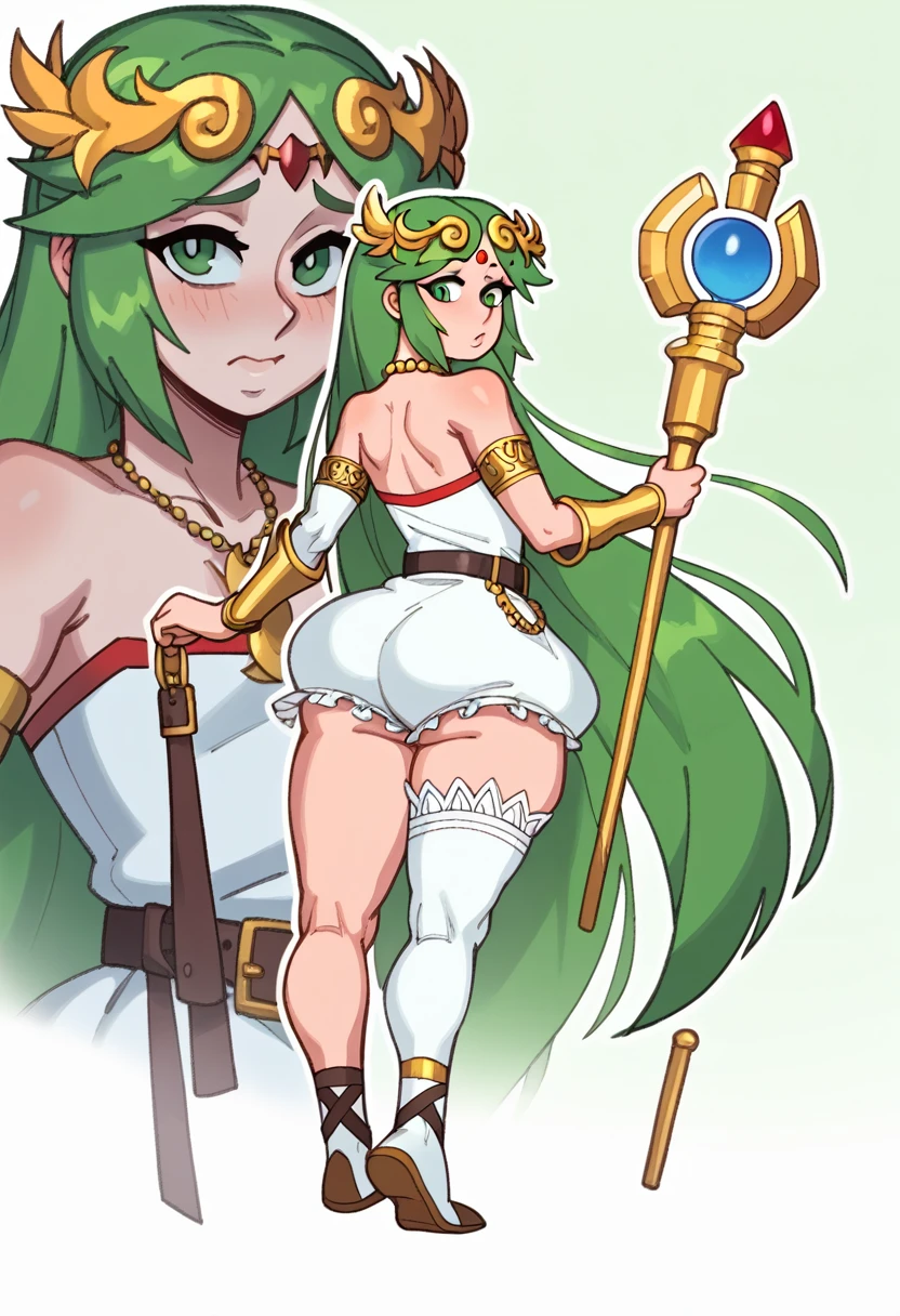 (masterpiece, best quality:1.3), Rizdraws, Thin Lineart, male, solo, looking at viewer, flat chest, feminine male, green hair, full body, :o, necklace, bare shoulders, strapless dress, vambraces, belt, white dress, white thighhighs, single thighhigh, holding staff, palutena, parted bangs, tiara, wide butt, from behind, shy look, large white Bloomers with seams