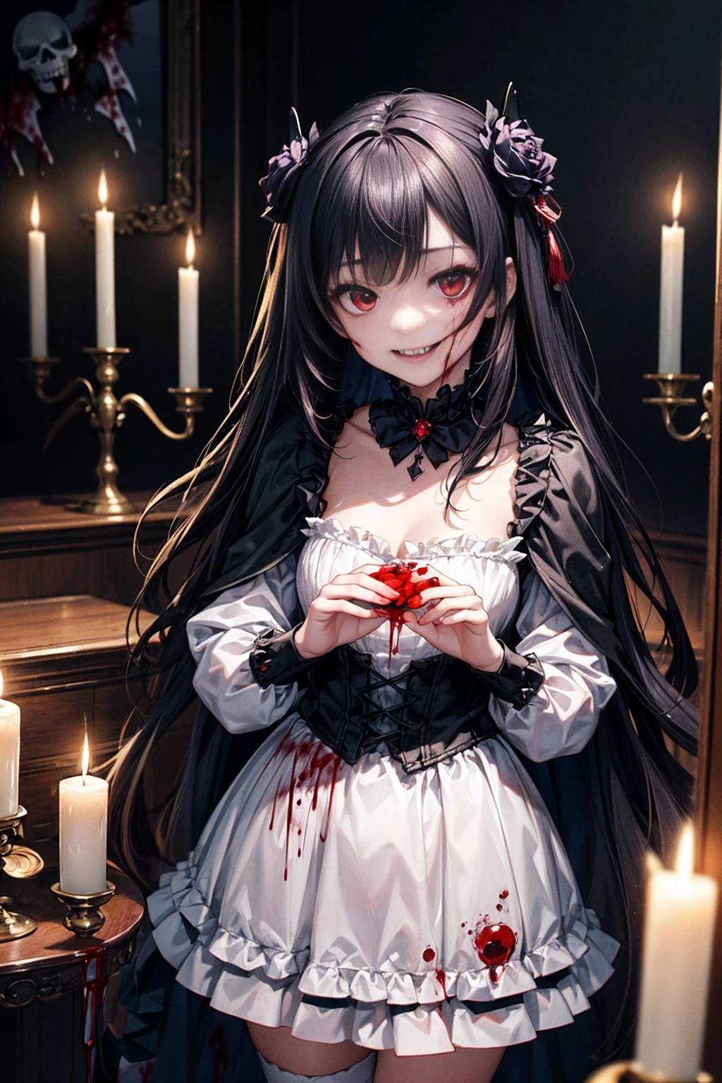 (Highest quality,4K,High resolution,masterpiece:1.2),Very detailed,Realistic:1.37,masterpiece, Highest quality, Exquisitely crafted, woman, beautiful, elegant, smile, Blood, iridescent Long Hair, bangs, skirt, shirt, Long sleeve, Frills, shoes, (Red and Black:1.4), flower, Spooky, Horror, 頭蓋Bones, Long Hair, Black Hair, Candles, Blood, hair flower, The dead, hair ornaments, Bone, doll, 頭蓋Bone, skeleton, Horror (theme),Spooky altar background,Dark fantasy,Red color scheme,Ominous atmosphere,Eye-catching,Storytelling,anatomy,Anime Style,Concept Art,beautiful細部までこだわった顔と (((Red eyes ))),Terrifying Ritual ,Satanic Ritual,Untimely Death,Unjust act,クレイジーなsmile,Scythe Face,Girl Monster, beautiful, Delicate facial features, Sharp Eye, Sharp Fangs, Pale skin, Blonde,robot,Cursed Painting, Dark Background, Cinema Lighting, Dramatic Shadows, Gothic style, Gloomy atmosphere, Dark fantasy, One Girl, , Please open your mouth wide, Open your mouth and baring your teeth,Sharp teeth like a beast, Wide lips, very wide mouth, Vermilion cheeks, ,(Bloodしぶき:1.4),Scary smile, laugh at,Fallen angel design, ねじれたsmile、Bloodまみれの、頭からの出Blood,、Bloodしぶき、,(Bloodしぶき:1.4),Crossbones, 頭蓋Bone,Horrorスタイル, ((Fantasy Fallen Angel Costume)), ((流れるようなBlack Hair)), ,(Bloodしぶき:1.4),womanの曲線, Sexy flat stomach, Perfect hands, Perfect anime face, ((White Lolita Dress)), Are standing, ((邪悪なsmile)), ,(Bloodしぶき:1.4), Steam circulates, Moonlight Illumination, night lighting, disaster々new devil horns,,(Bloodしぶき:1.6),アニメFallen angel design, ねじれたsmile、Bloodまみれの、頭からの出Blood,、Bloodしぶき、,(Bloodしぶき:1.4),Crossbones, 頭蓋Bone,Gothic architecture、Western architecture、Fantasy World、,Victorian cities, 骸Boneのガス灯,