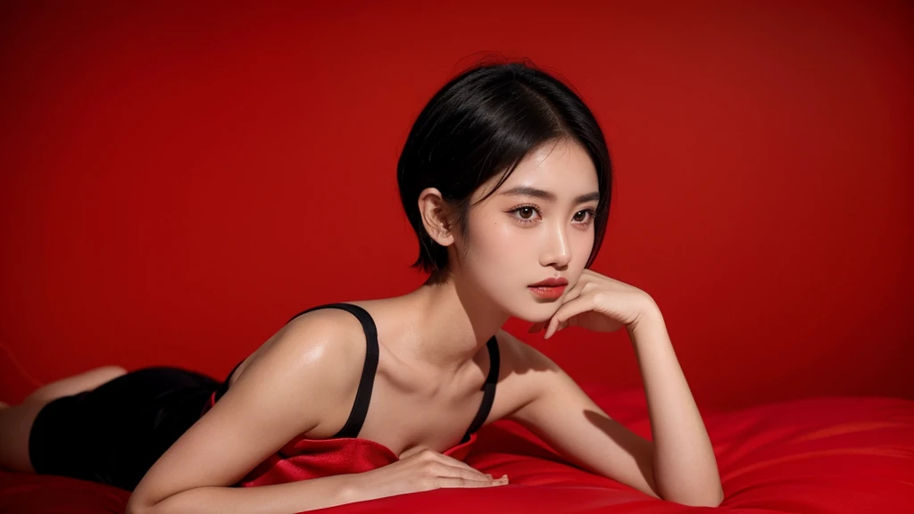 21 yo girl, black hair, (short hair). Bali traditional style, sitting on the bed, Red Background