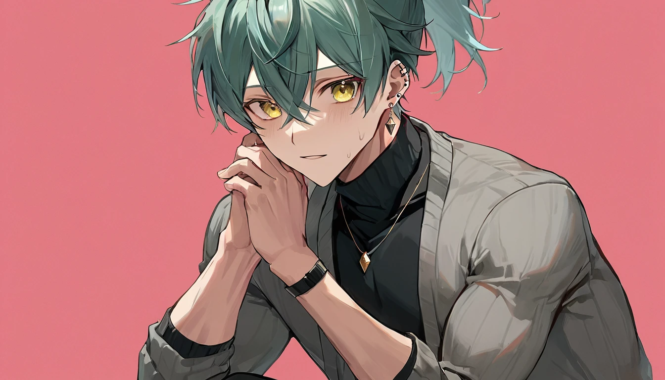 ((((best masterpiece, best quality, wallpaper,)))) solo, guy, male body, small muscles, flat chest, 1male, 30 years old, handsome man, dramatic angle, upper body, looking at viewers, beautiful detailed, mediumturquoise hair, ((((Lower short ponytail)))), asymmetrical bangs, ((short hair,)) blush stickers, sweat, (((perfect face, extremely detailed eyes,))) ((( jitome, gold eyes, ^o^, tareme, droopy eyes,))) perfect hands, sharp nose, clear face, black turtleneck, grey cardigan, ((silver piercing, pendant,)) leggings, pink background color ultrasharp, 8K, masterpiece,