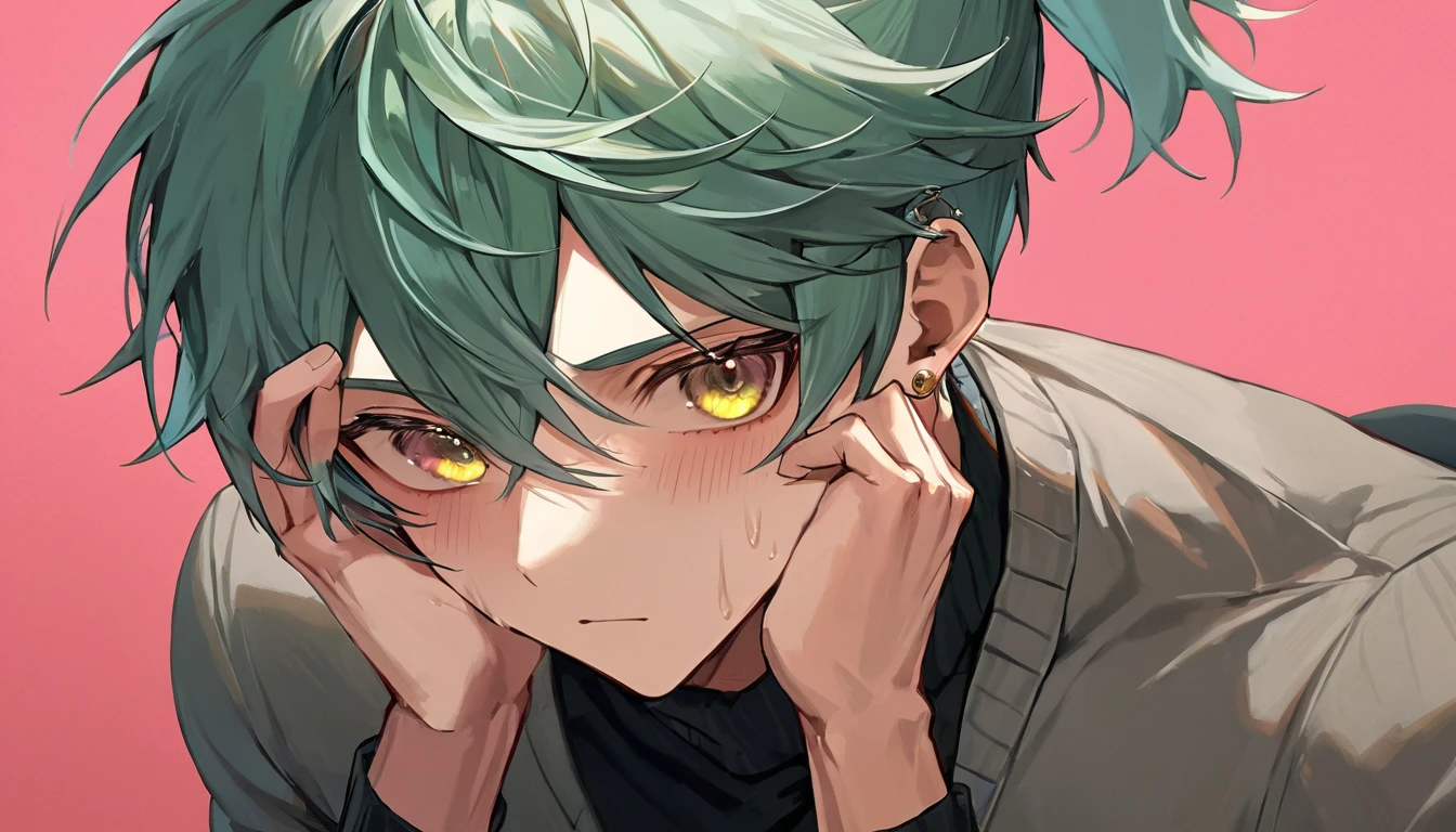 ((((best masterpiece, best quality, wallpaper,)))) solo, guy, male body, small muscles, flat chest, 1male, 30 years old, handsome man, dramatic angle, upper body, looking at viewers, beautiful detailed, mediumturquoise hair, ((((Lower short ponytail)))), asymmetrical bangs, ((short hair,)) blush stickers, sweat, (((perfect face, extremely detailed eyes,))) ((( jitome, gold eyes, ^o^, tareme, droopy eyes,))) perfect hands, sharp nose, clear face, black turtleneck, grey cardigan, ((silver piercing, pendant,)) leggings, pink background color ultrasharp, 8K, masterpiece,