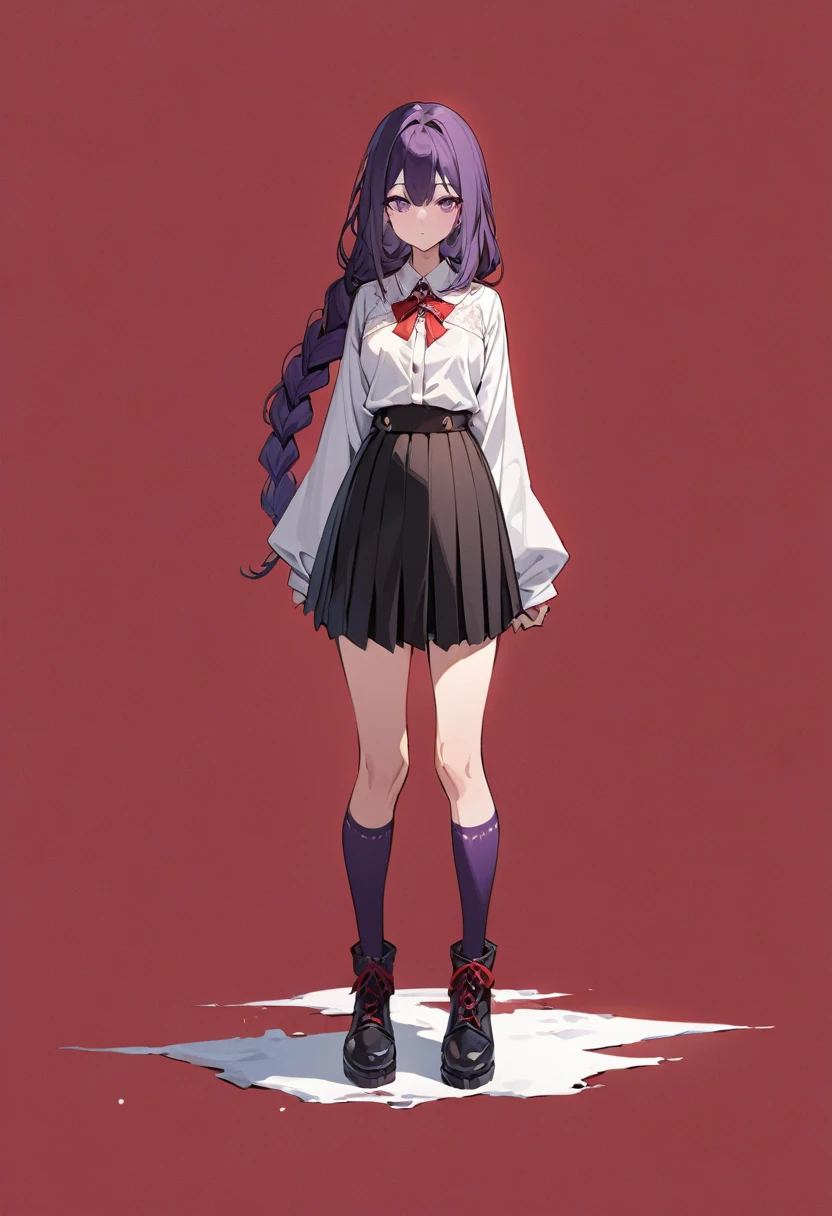 masterpiece, (bestquality), highlydetailed, cold, calm, gentle, expressionless, solo, ((detailed eyes)), (1 adult female), dark purple hair, very long single braid, bright purple eyes, (white collared shirt with white furisode sleeves), thin red bow tie under the collar, (diamond-shaped pin on the front of the bow), (black high-waisted pleated skirt), dark purple high socks, black ankle boots, (simple earthy red background), ((empty background)), full body, standing