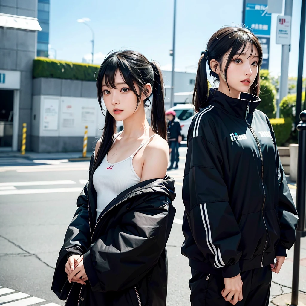 40-year-old Japanese woman、Black Hair、The hair is very short、Twin tails、Hatsune Miku's outfit、headphones、flat chest、Realistic photos、Realistic、8K quality、tall、No bangs、ストリートスナップ、黒いワンピース