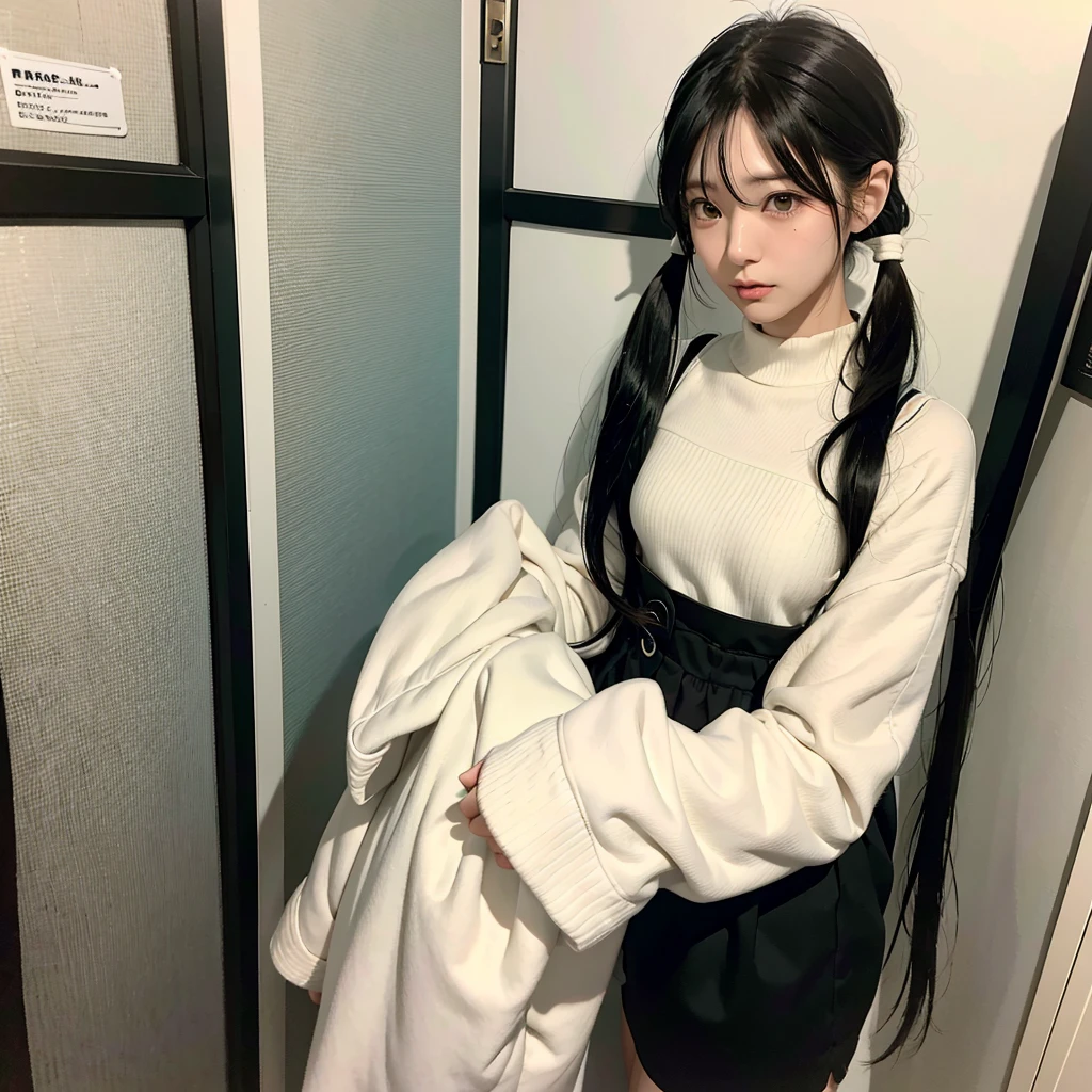 40-year-old Japanese woman、Black Hair、The hair is very short、Twin tails、Hatsune Miku's outfit、headphones、flat chest、Realistic photos、Realistic、8K quality、tall、No bangs、ストリートスナップ、黒いワンピース