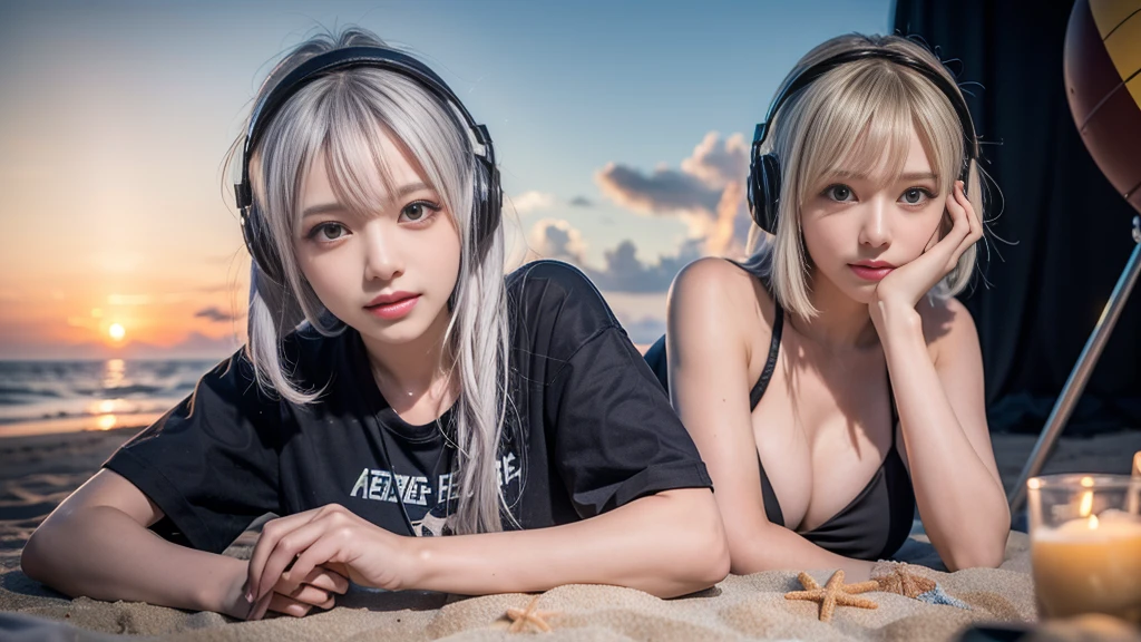 (ultra - detailed, 16K resolution, Cinema lenses, rendering by octane), (high resolution:1.18), intricate detail, (masterpiece:1.1), (highest quality:1.1), (1girl, portrait, white hair, blue eyes, short hair, detailed eyes),Wearing silver DJ headphones, sequined T-shirt, (in the beach:1.5), (Iconic hip-hop pop costumes:1.3), Smile while DJing on stage, DJ studio next to the beach, ((A stylish DJ stage on a hill overlooking the beach)), full body shot, Photorealistic photography by Sunshine, (cute round face:1.3), perfect fingers, five fingers, beautiful hands, perfect hands. master peace, cute smile, Fixhand.