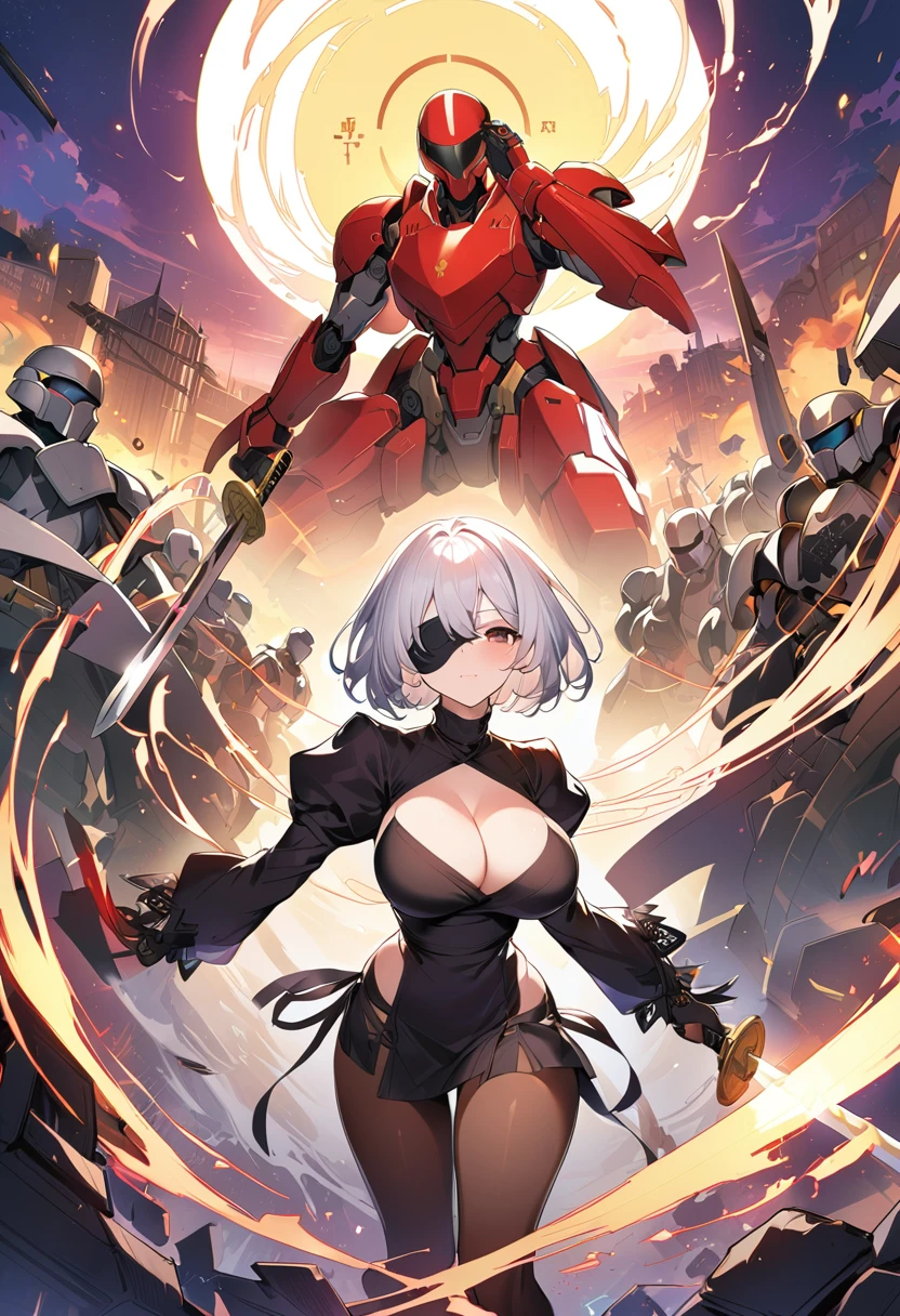 2B Nier Automata,masterpiece, 最high quality, High resolution,  Black clothes 、Black Pantyhose、Dark church at night、Wear a miniskirt、Thin legs、Big Breasts、Slim figure、high quality　CG Tone、Gray Hair、Black blindfold、Short Bob、Surrounded by mechanical soldiers、Cutting a mechanical soldier with a sword、stylish、Japanese sword、Clothes get torn、damage、Coming under attack