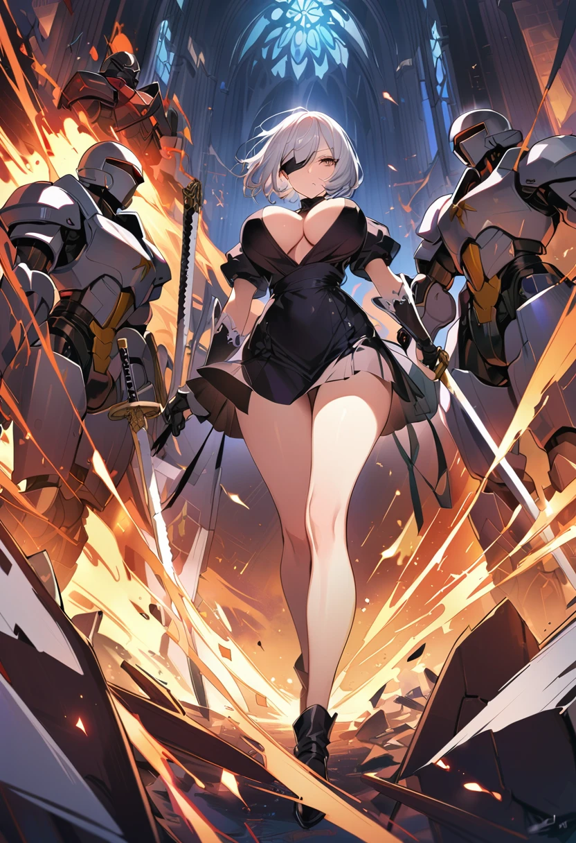 2B Nier Automata,masterpiece, 最high quality, High resolution, Black clothes 、Black Pantyhose、Dark church at night、Wear a miniskirt、Thin legs、Big Breasts、Slim figure、high quality CG Tone、Gray Hair、Black blindfold、Short Bob、Surrounded by mechanical soldiers、Cutting a mechanical soldier with a sword、stylish、Japanese sword、Clothes get torn、damage、Coming under attack