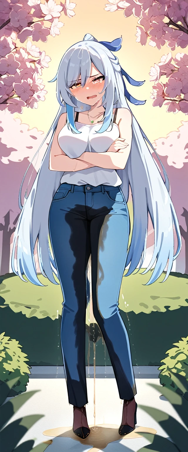(masterpiece:1.37), best quality, (extremely detailed:1.37), (1girl:1.5), woman, (mature:1.5), (adult:1.5), jingliu, white hair, long hair, ponytail, hair ribbon, red eyes, earrings, jewelry, (jeans:1.25), (extremely detailed eyes:1.37), (wetting self:1.75), embarrassed, humiliation, blushing, angry, tears, sweat, sweating, shaking, trembling, cherry blossoms, garden, (golden hour:1.5), full body, (arms crossed:1.5)