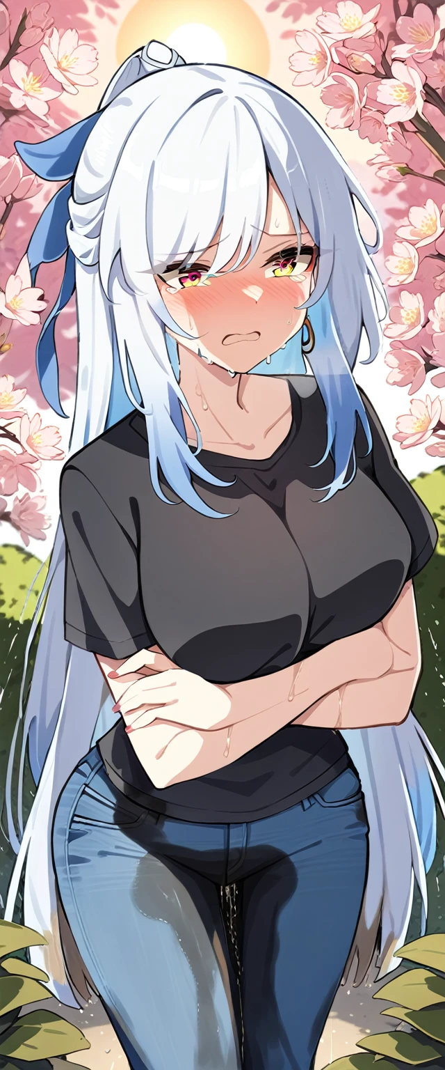 (masterpiece:1.37), best quality, (extremely detailed:1.37), (1girl:1.5), woman, (mature:1.5), (adult:1.5), jingliu, white hair, long hair, ponytail, hair ribbon, red eyes, earrings, jewelry, (jeans:1.25), (extremely detailed eyes:1.37), (wetting self:1.75), embarrassed, humiliation, blushing, angry, tears, sweat, sweating, shaking, trembling, cherry blossoms, garden, (golden hour:1.5), full body, (arms crossed:1.5)