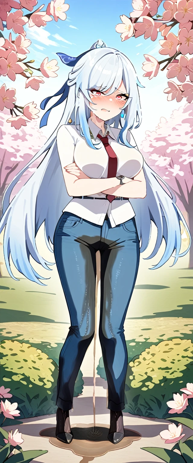 (masterpiece:1.37), best quality, (extremely detailed:1.37), (1girl:1.5), woman, (mature:1.5), (adult:1.5), jingliu, white hair, long hair, ponytail, hair ribbon, red eyes, earrings, jewelry, (jeans:1.25), (extremely detailed eyes:1.37), (wetting self:1.75), embarrassed, humiliation, blushing, angry, tears, sweat, sweating, shaking, trembling, cherry blossoms, garden, (golden hour:1.5), full body, (arms crossed:1.5)