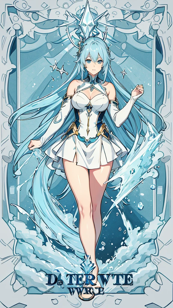 
light blue hair, shiny hair, Surrealism, anime, 8k, super detail, UHD, masterpiece, accurate, anatomically correct, textured skin, super detail, high quality, award winning, best quality, highres
"A girl representing Mercury, with a water theme. She has an intellectual and calm demeanor, but possesses inner strength. She has blue eyes, long blue hair. Her appearance is ethereal, reflecting the tranquility and depth of water."