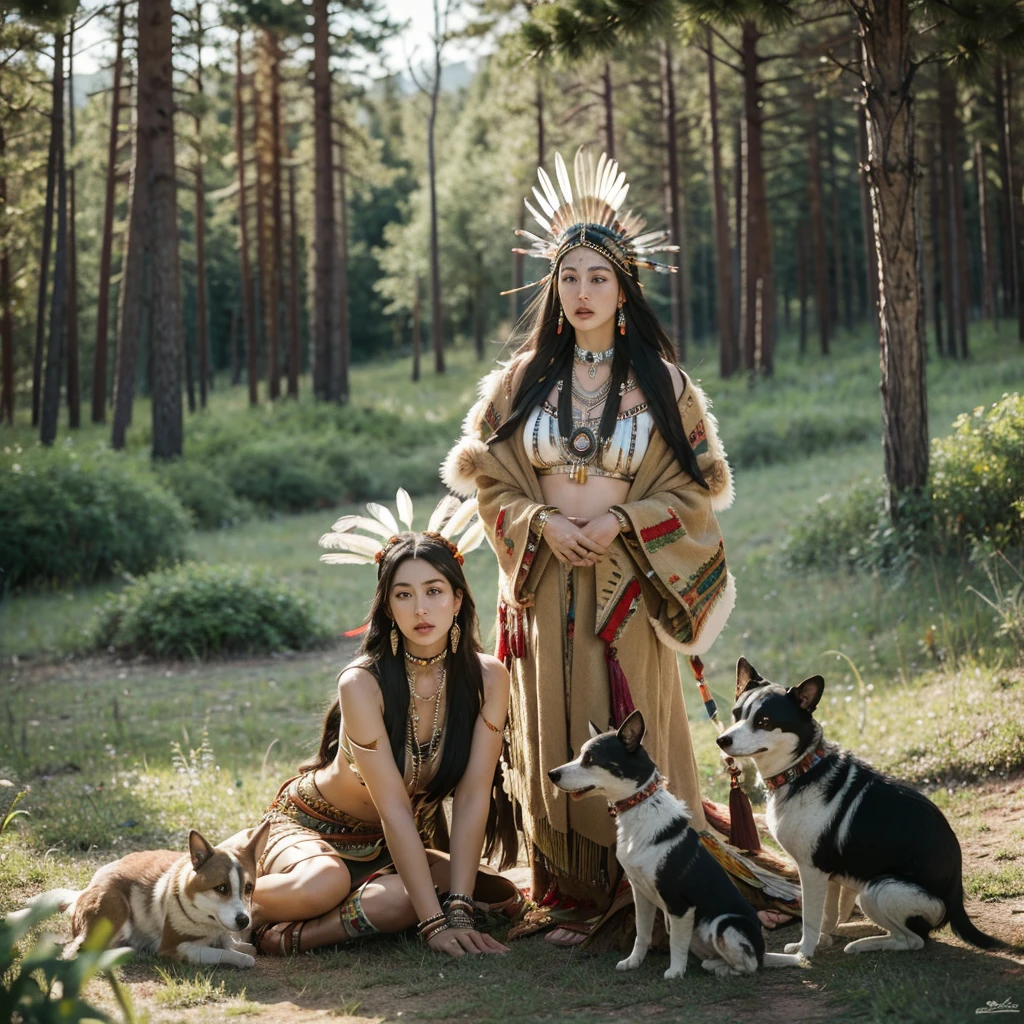 Monica Bellucci beautiful woman wearing a Native American dress sitting in the forest with her dogs, native American, Native American Warriors, Native American Warriors, American Indian headdress, Indian warrior, Head dress, Wearing a Native American choker, Native American Art, Indigenous, feather native American headgear, Central headdress, : Native American Shamen Fantasy, Native Rich Jewelry, Tribal clothing